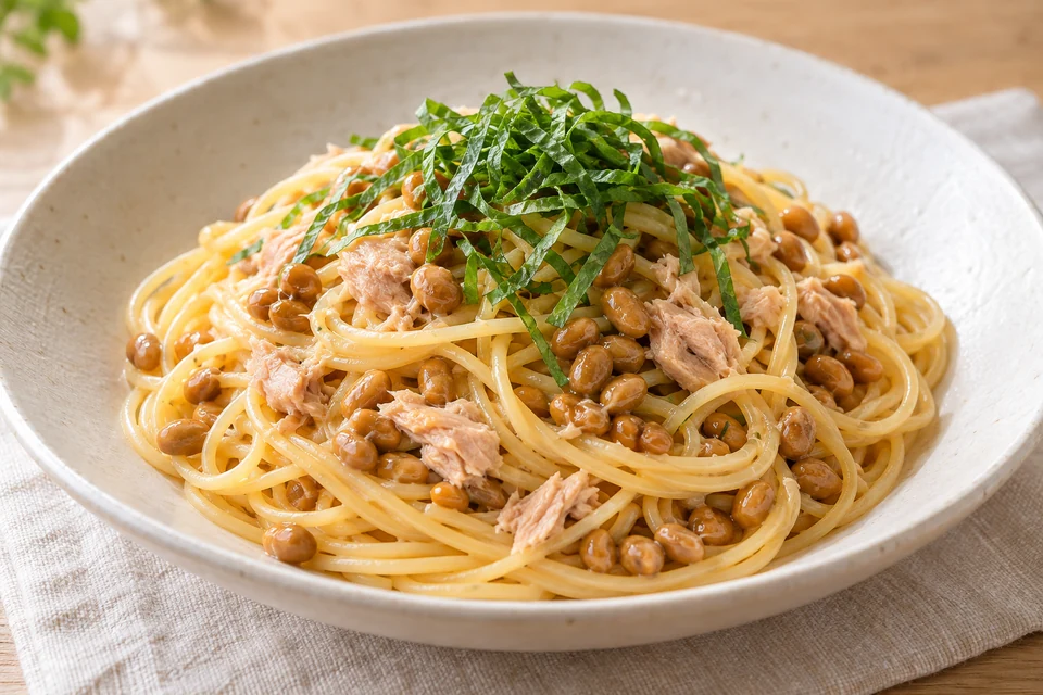 納豆とツナの和風パスタの完成イメージ